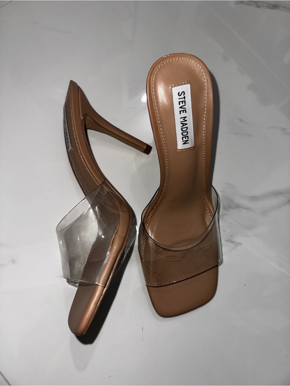 Steve Madden Tan Nude Clear-Strap High Heel Mule
